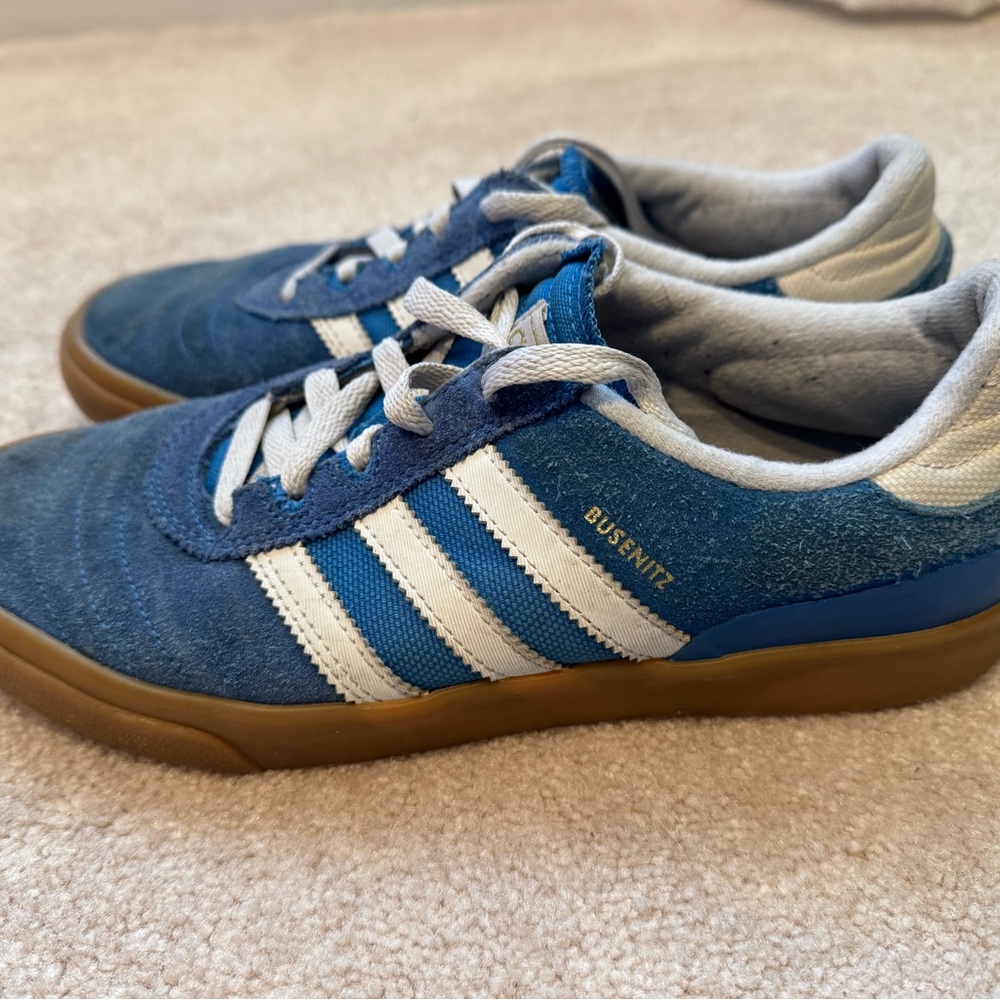 adidas Blue Suede Busenitz Sneakers with White Stripes